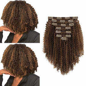 ABH AMAZINGBEAUTY HAIR Kinky Curly Clip ins Black Women 3C 4A Curly Clip in Hair Extensions Two Tone #P4/27 Dark Brown Highlight Blonde Kinky Clip ins Virgin Human Hair Double Weft 7Pcs 120G 12 Inch