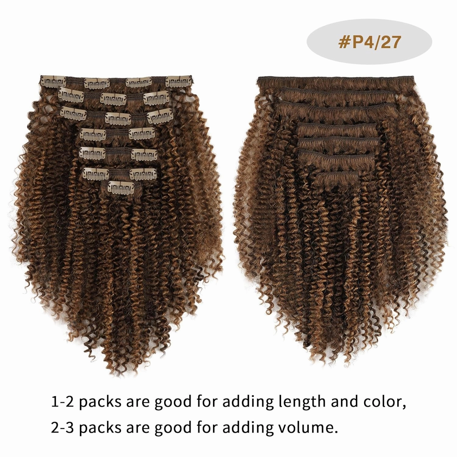 ABH AMAZINGBEAUTY HAIR Kinky Curly Clip ins Black Women 3C 4A Curly Clip in Hair Extensions Two Tone #P4/27 Dark Brown Highlight Blonde Kinky Clip ins Virgin Human Hair Double Weft 7Pcs 120G 12 Inch