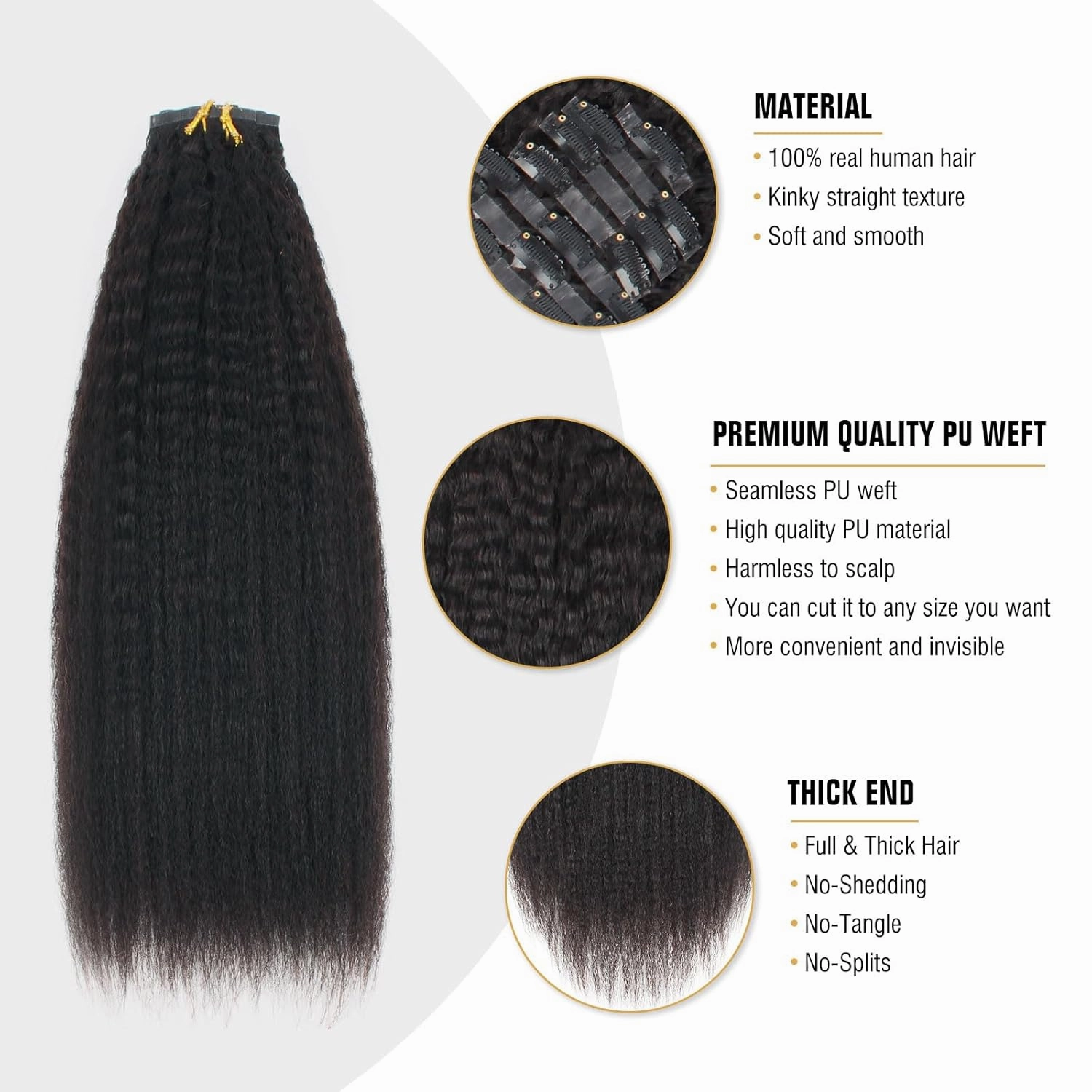 ABH AMAZINGBEAUTY HAIR Kinky Straight Human Hair Extensions Clip ins Brazilian Virgin Hair Full Head Seamless Clip ins for Black Women Human Hair Natural Black Invisible Double Weft 16 Inch 120G 7Pcs