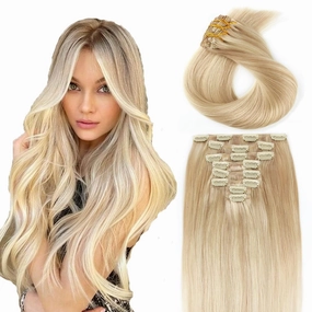 ABH AMAZINGBEAUTY HAIR Remy Hair Extensions Clip in Human Hair Dirty Blonde with Platinum Beach-Bleached Blonde P18-613 Clip in Hair Extensions Human Hair 14 Inch 8pcs/120g Straight Hair