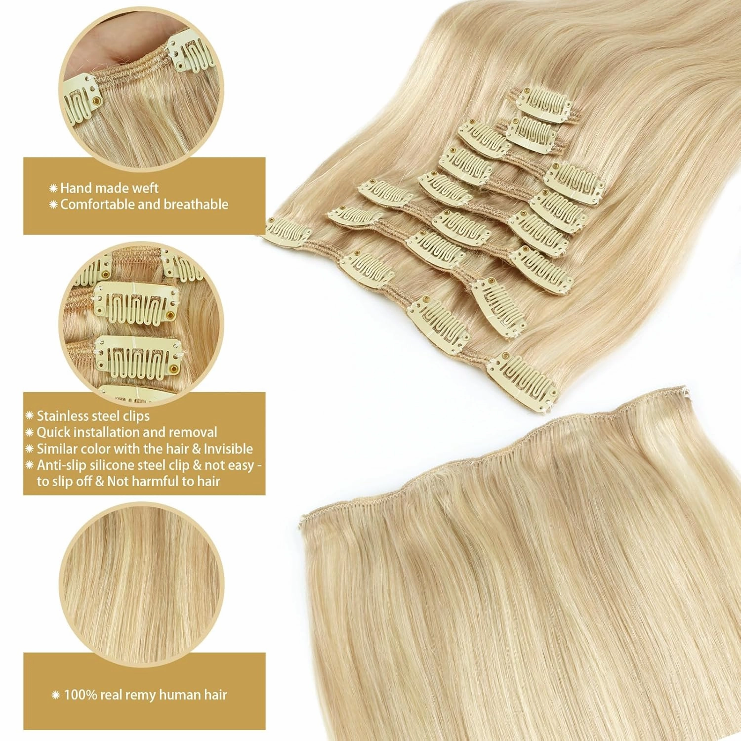 ABH AMAZINGBEAUTY HAIR Remy Hair Extensions Clip in Human Hair Dirty Blonde with Platinum Beach-Bleached Blonde P18-613 Clip in Hair Extensions Human Hair 14 Inch 8pcs/120g Straight Hair