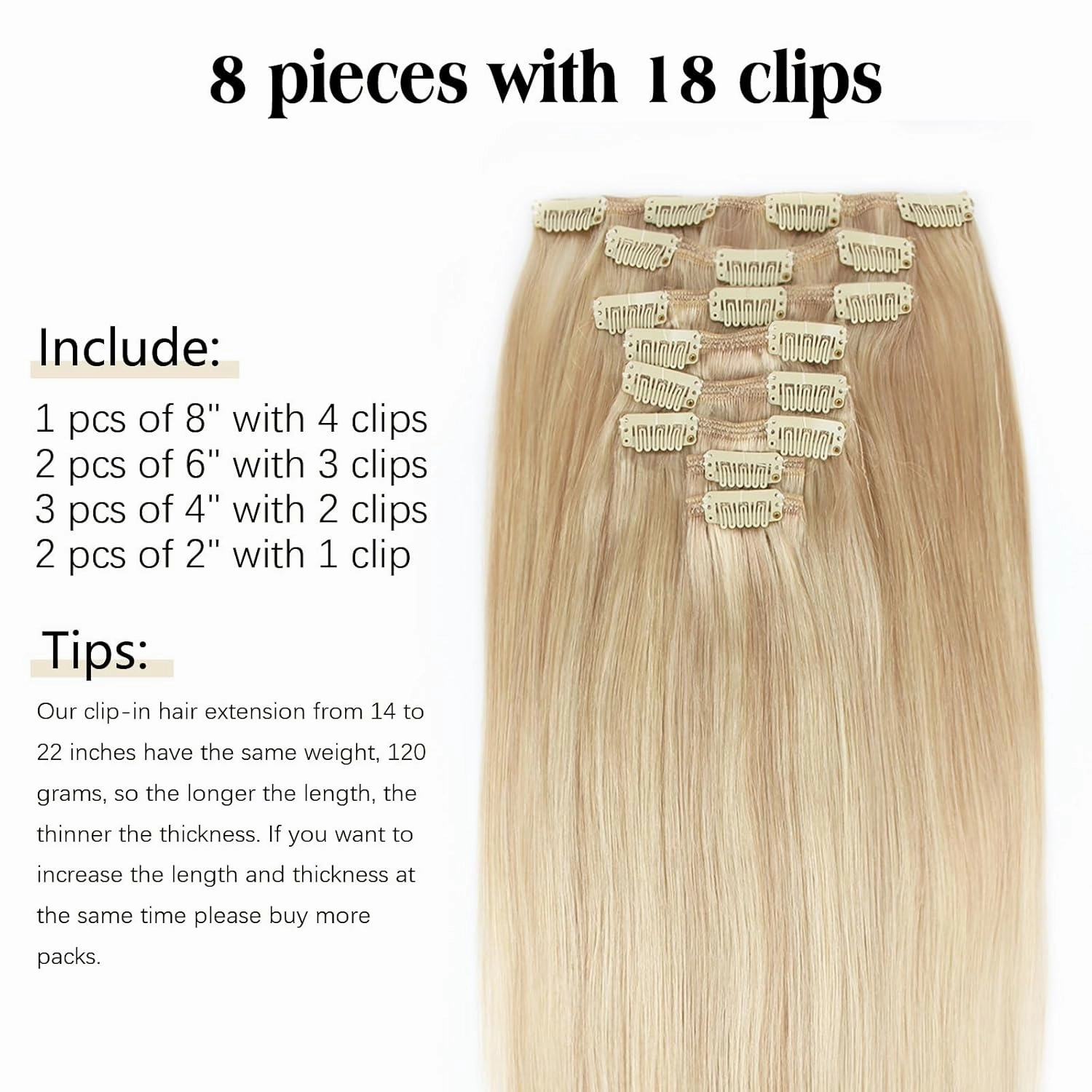 ABH AMAZINGBEAUTY HAIR Remy Hair Extensions Clip in Human Hair Dirty Blonde with Platinum Beach-Bleached Blonde P18-613 Clip in Hair Extensions Human Hair 14 Inch 8pcs/120g Straight Hair