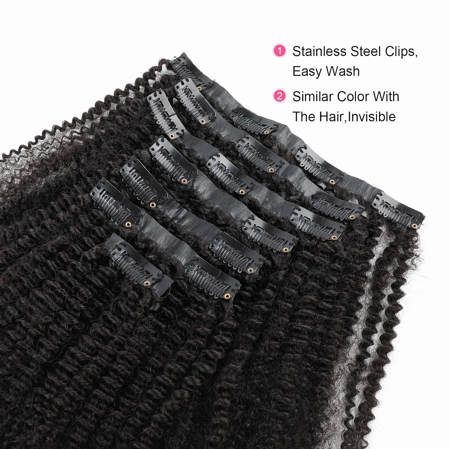 ABH AMAZINGBEAUTY HAIR Seamless Clip in Hair Extensions Human Hair Afro Kinky Curly 4B Clip ins for Black Women PU Clip ins Human Hair 120g 7 Pieces 17 Clips, #1B Natural Black 12 Inch