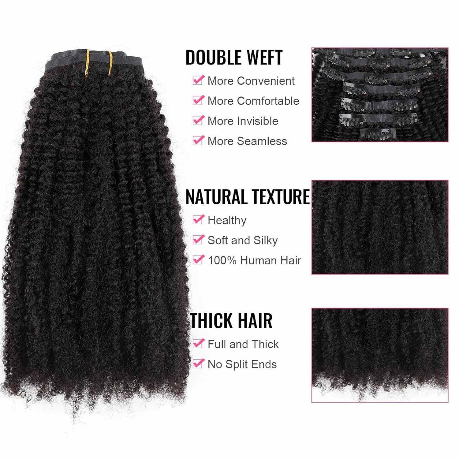 ABH AMAZINGBEAUTY HAIR Seamless Clip in Hair Extensions Human Hair Afro Kinky Curly 4B Clip ins for Black Women PU Clip ins Human Hair 120g 7 Pieces 17 Clips, #1B Natural Black 14 Inch