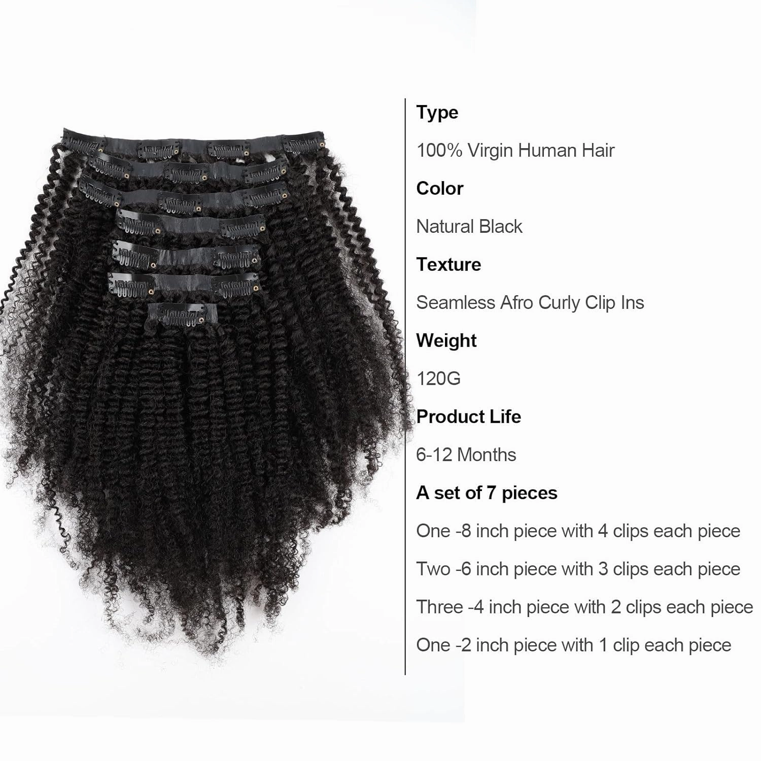 ABH AMAZINGBEAUTY HAIR Seamless Clip in Hair Extensions Human Hair Afro Kinky Curly 4B Clip ins for Black Women PU Clip ins Human Hair 120g 7 Pieces 17 Clips, #1B Natural Black 14 Inch