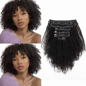 ABH AMAZINGBEAUTY HAIR Seamless Clip in Hair Extensions Human Hair Afro Kinky Curly 4B Clip ins for Black Women PU Clip ins Human Hair 120g 7 Pieces 17 Clips, #1B Natural Black 14 Inch