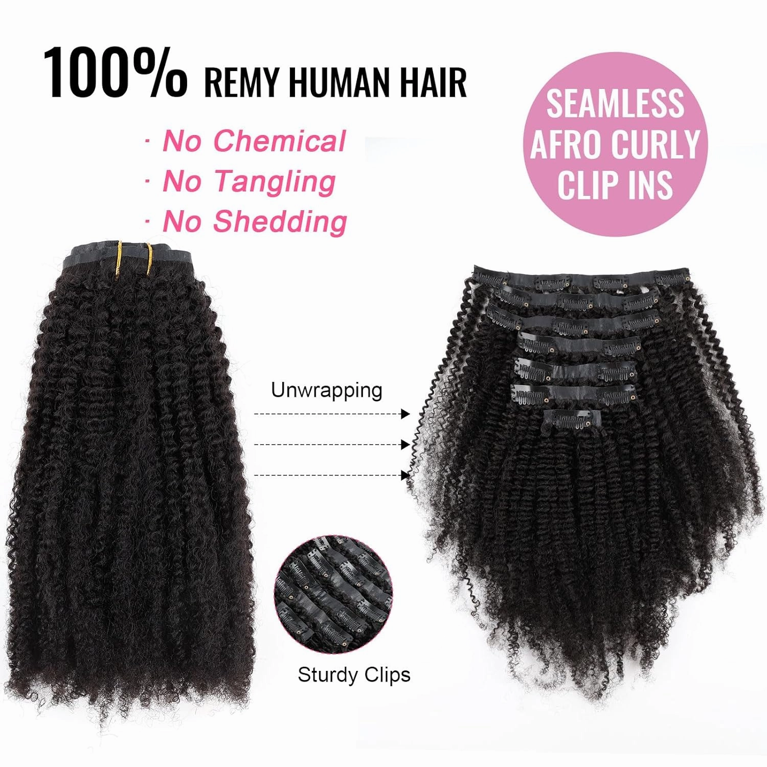 ABH AMAZINGBEAUTY HAIR Seamless Clip in Hair Extensions Human Hair Afro Kinky Curly 4B Clip ins for Black Women PU Clip ins Human Hair 120g 7 Pieces 17 Clips, #1B Natural Black 14 Inch