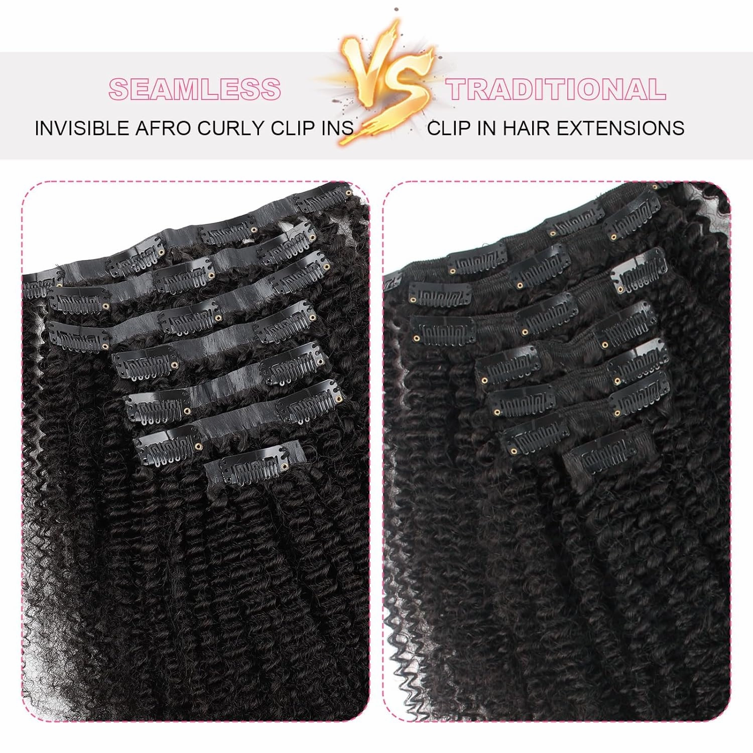 ABH AMAZINGBEAUTY HAIR Seamless Clip in Hair Extensions Human Hair Afro Kinky Curly 4B Clip ins for Black Women PU Clip ins Human Hair 120g 7 Pieces 17 Clips, #1B Natural Black 14 Inch
