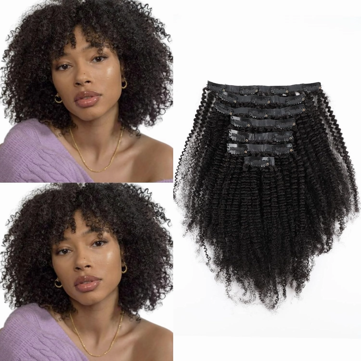 ABH AMAZINGBEAUTY HAIR Seamless Clip in Hair Extensions Human Hair Afro Kinky Curly 4B Clip ins for Black Women PU Clip ins Human Hair 120g 7 Pieces 17 Clips, #1B Natural Black 14 Inch