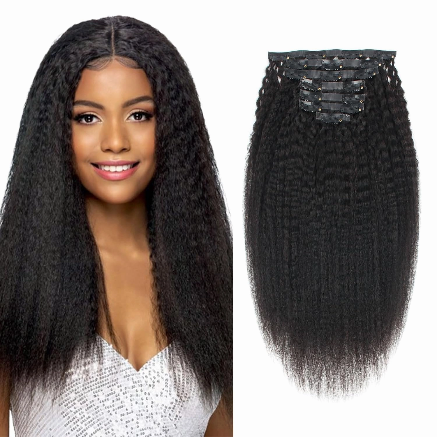 ABH AMAZINGBEAUTY HAIR Seamless Clip in Hair Extensions Human Hair Kinky Straight Double Weft Clip in Human Hair Extensions Brazilian Virgin Human Hair Natural Black For Black Women 14 Inch 120G 7Pcs