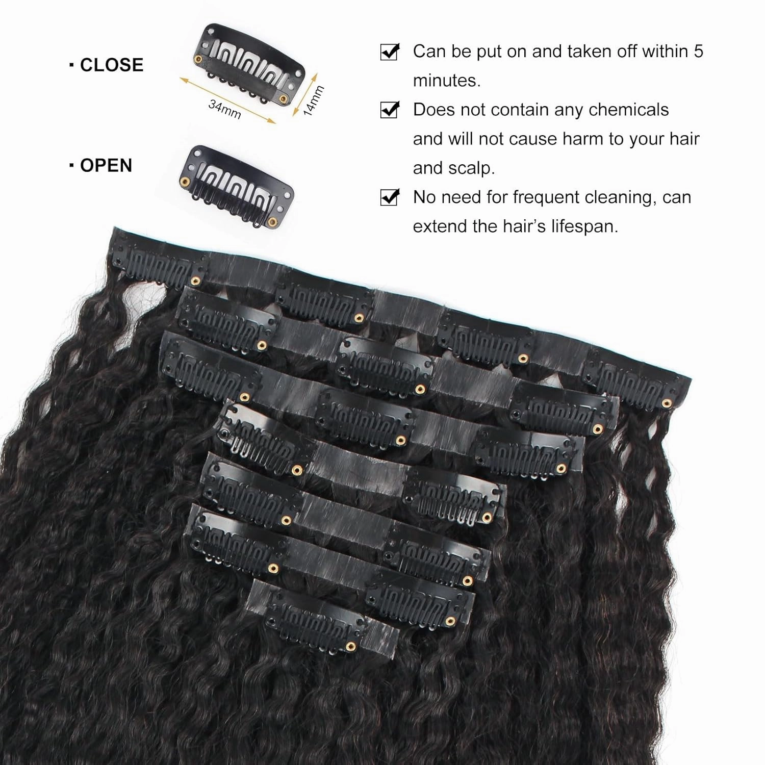 ABH AMAZINGBEAUTY HAIR Seamless Clip in Hair Extensions Human Hair Kinky Straight Double Weft Clip in Human Hair Extensions Brazilian Virgin Human Hair Natural Black For Black Women 14 Inch 120G 7Pcs