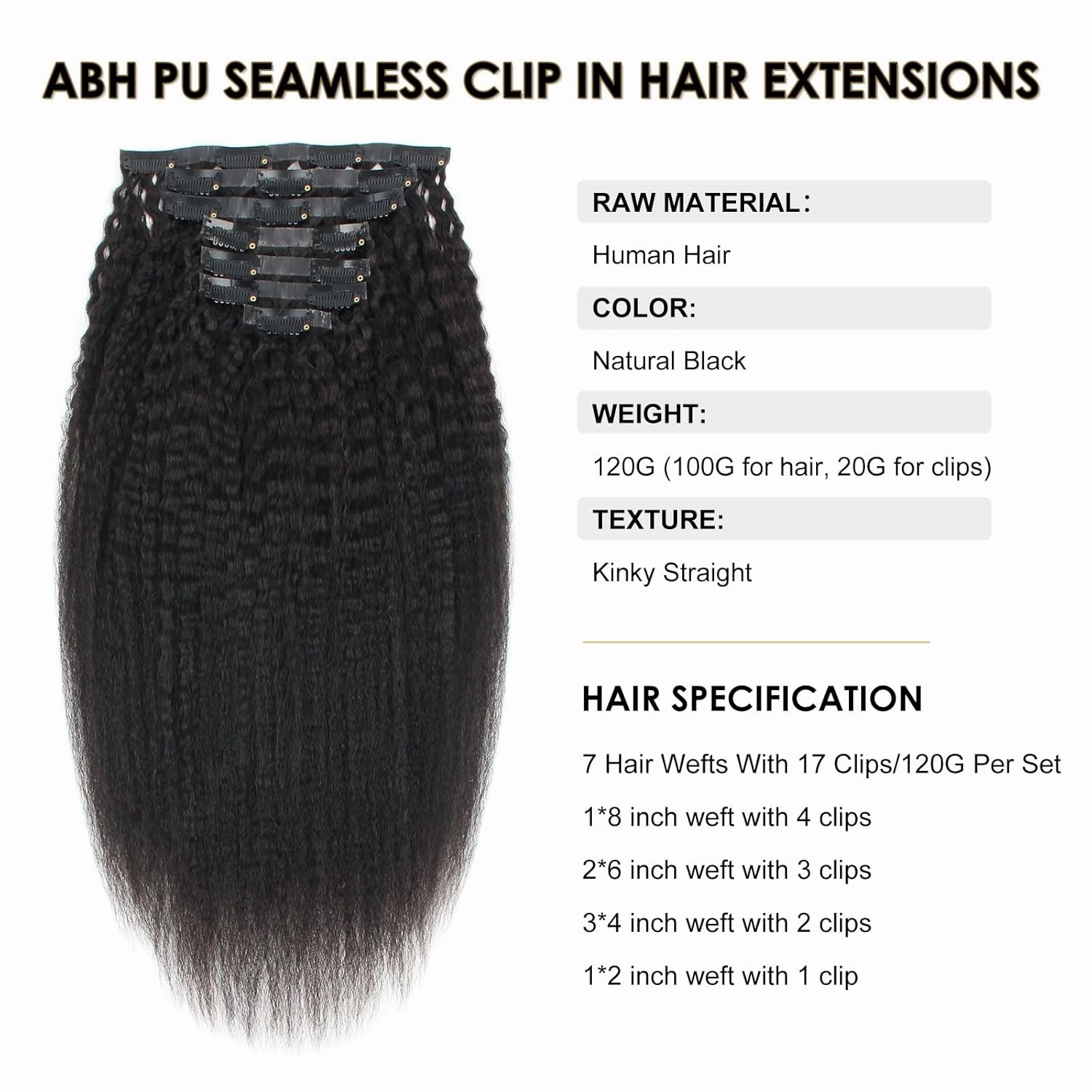 ABH AMAZINGBEAUTY HAIR Seamless Clip in Hair Extensions Human Hair Kinky Straight Double Weft Clip in Human Hair Extensions Brazilian Virgin Human Hair Natural Black For Black Women 14 Inch 120G 7Pcs