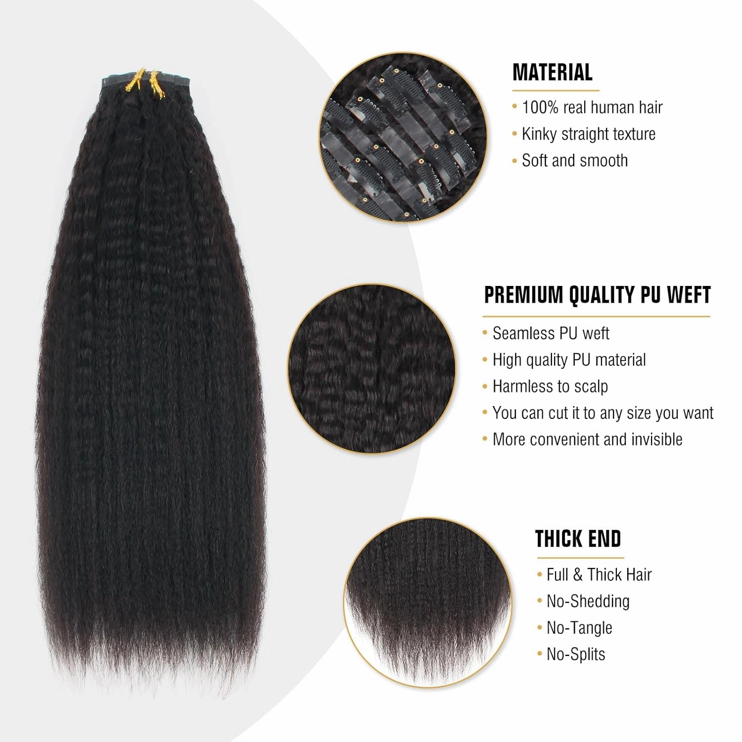 ABH AMAZINGBEAUTY HAIR Seamless Clip in Hair Extensions Human Hair Kinky Straight Double Weft Clip in Human Hair Extensions Brazilian Virgin Human Hair Natural Black For Black Women 14 Inch 120G 7Pcs