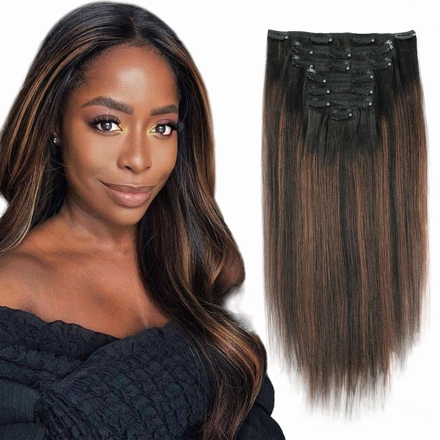 ABH AMAZINGBEAUTY HAIR Yaki Straight Clip ins Rooted Black Piano Natural Black #1B With Chocolate Brown #4 Two Tone Light Clip in Human Hair 12 Inch Clip ins for Black Women 120G Full Head