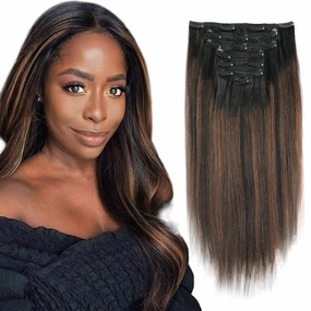 ABH AMAZINGBEAUTY HAIR Yaki Straight Clip ins Rooted Black Piano Natural Black #1B With Chocolate Brown #4 Two Tone Light Clip in Human Hair 12 Inch Clip ins for Black Women 120G Full Head
