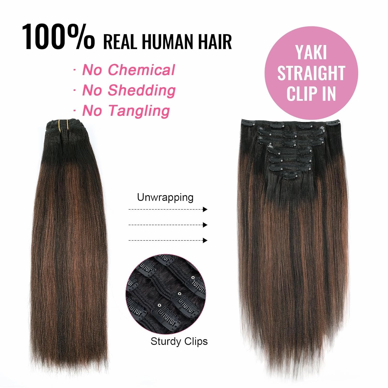 ABH AMAZINGBEAUTY HAIR Yaki Straight Clip ins Rooted Black Piano Natural Black #1B With Chocolate Brown #4 Two Tone Light Clip in Human Hair 12 Inch Clip ins for Black Women 120G Full Head