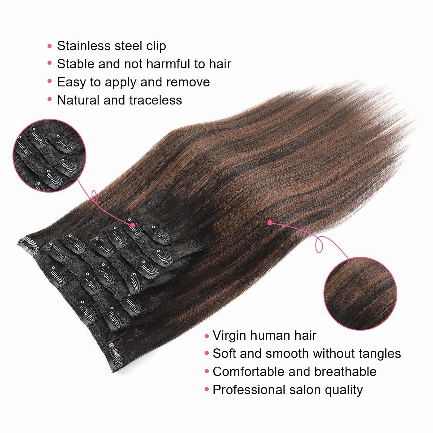 ABH AMAZINGBEAUTY HAIR Yaki Straight Clip ins Rooted Black Piano Natural Black #1B With Chocolate Brown #4 Two Tone Light Clip in Human Hair 12 Inch Clip ins for Black Women 120G Full Head