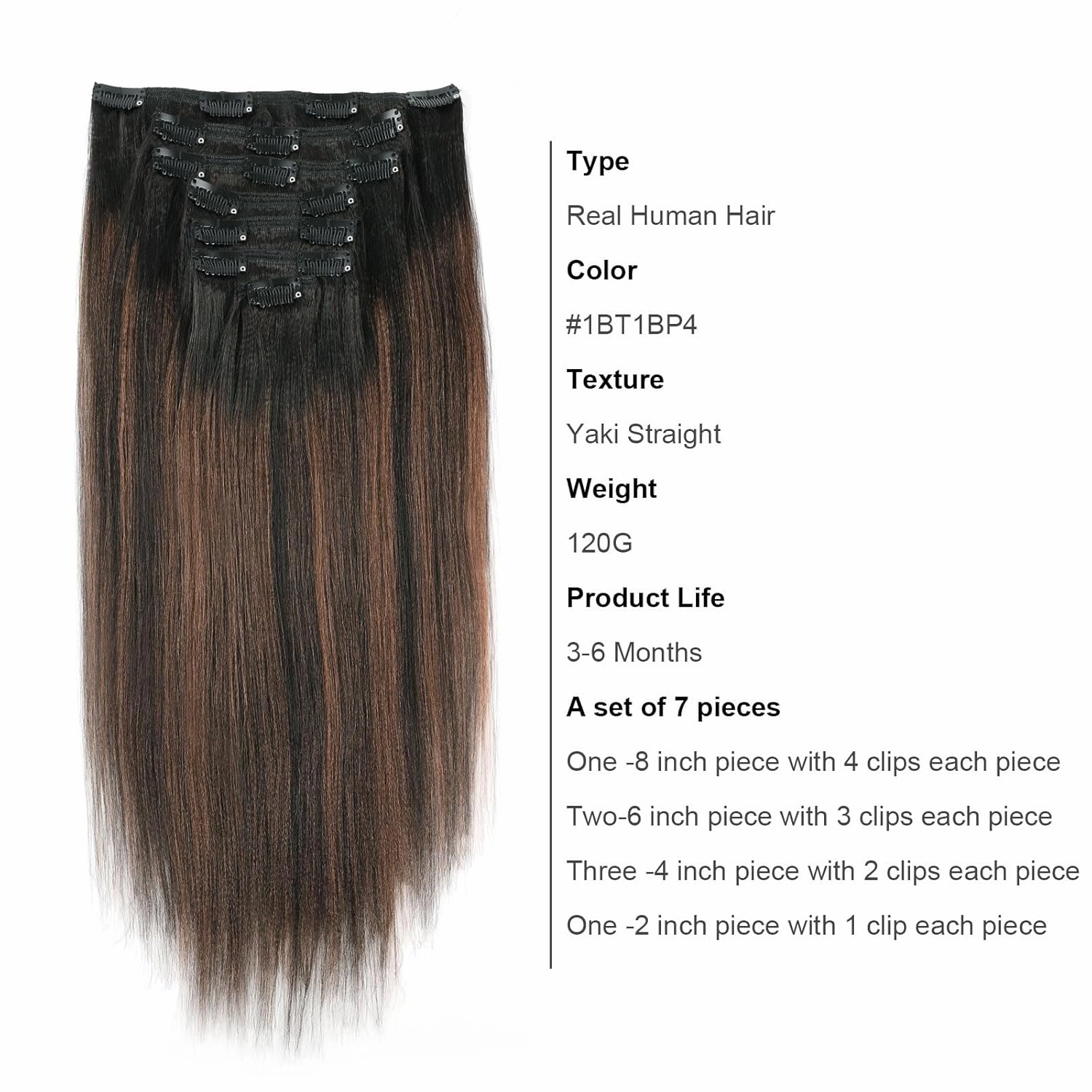 ABH AMAZINGBEAUTY HAIR Yaki Straight Clip ins Rooted Black Piano Natural Black #1B With Chocolate Brown #4 Two Tone Light Clip in Human Hair 12 Inch Clip ins for Black Women 120G Full Head