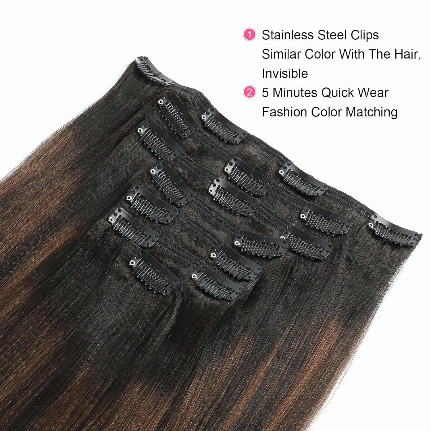 ABH AMAZINGBEAUTY HAIR Yaki Straight Clip ins Rooted Black Piano Natural Black #1B With Chocolate Brown #4 Two Tone Light Clip in Human Hair 12 Inch Clip ins for Black Women 120G Full Head