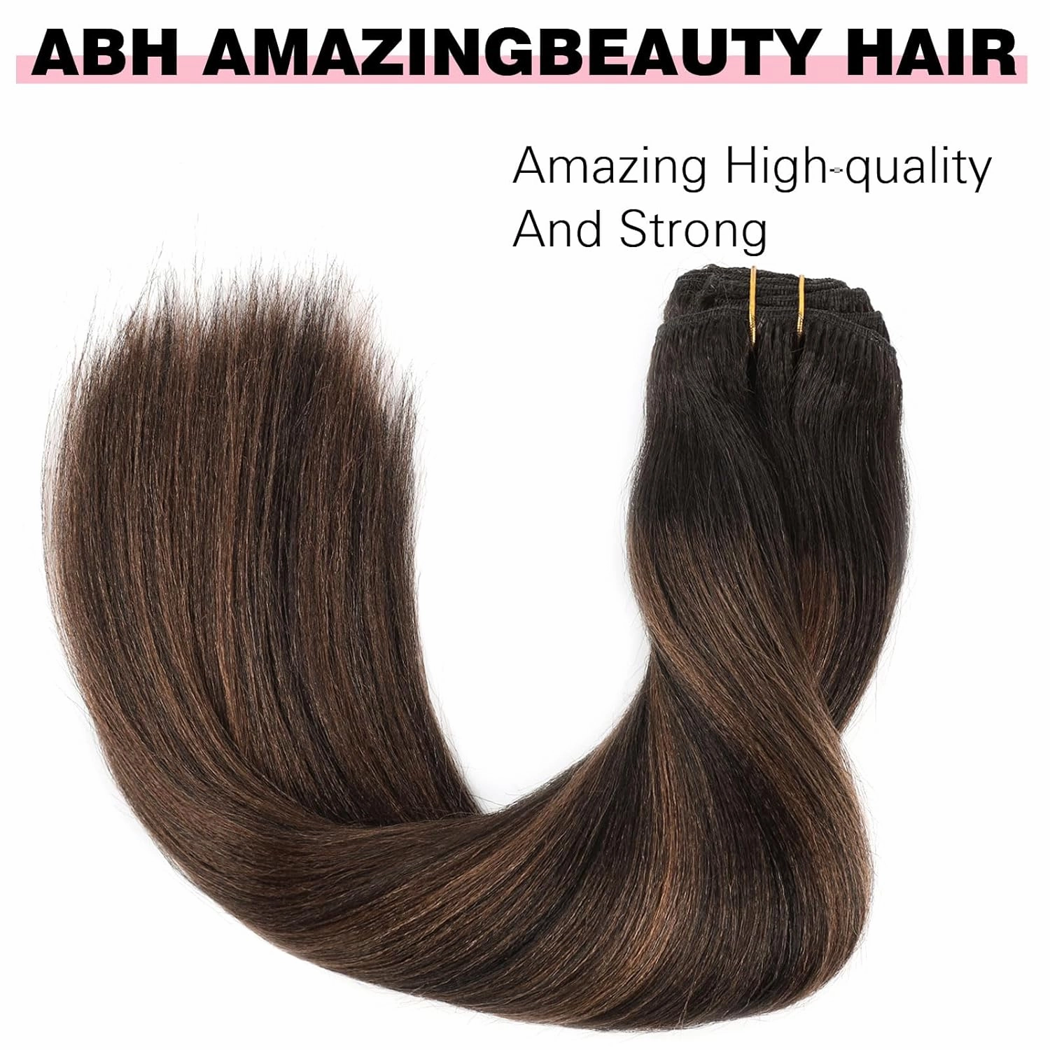 ABH AMAZINGBEAUTY HAIR Yaki Straight Clip ins Two Tone Natural Black Roots With Medium Brown Highlight Human Hair Light Yaki Clip ins for Black Women Full Head Brazilian Clip in #1BT1BP4 12 Inch 120G