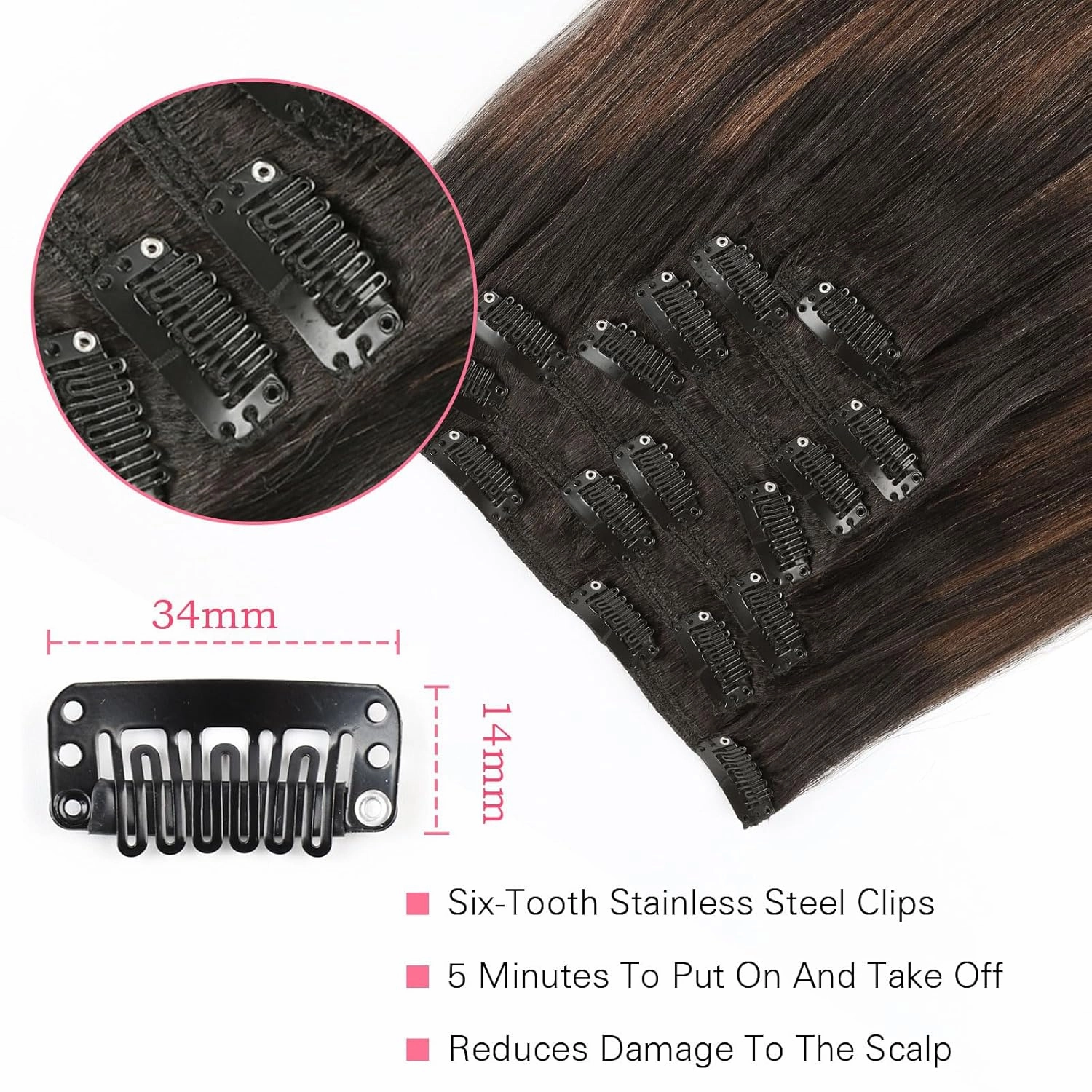 ABH AMAZINGBEAUTY HAIR Yaki Straight Clip ins Two Tone Natural Black Roots With Medium Brown Highlight Human Hair Light Yaki Clip ins for Black Women Full Head Brazilian Clip in #1BT1BP4 12 Inch 120G