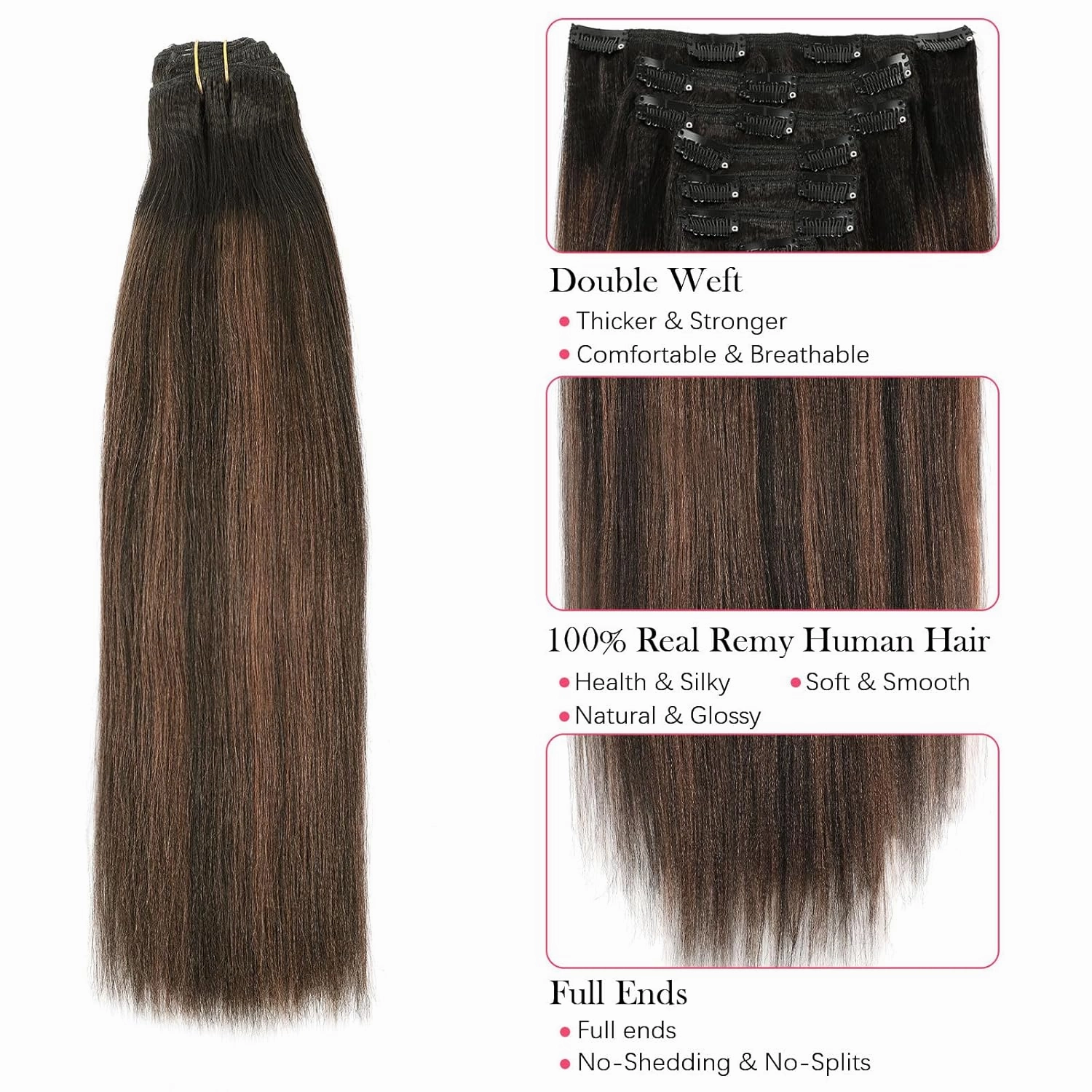 ABH AMAZINGBEAUTY HAIR Yaki Straight Clip ins Two Tone Natural Black Roots With Medium Brown Highlight Human Hair Light Yaki Clip ins for Black Women Full Head Brazilian Clip in #1BT1BP4 12 Inch 120G