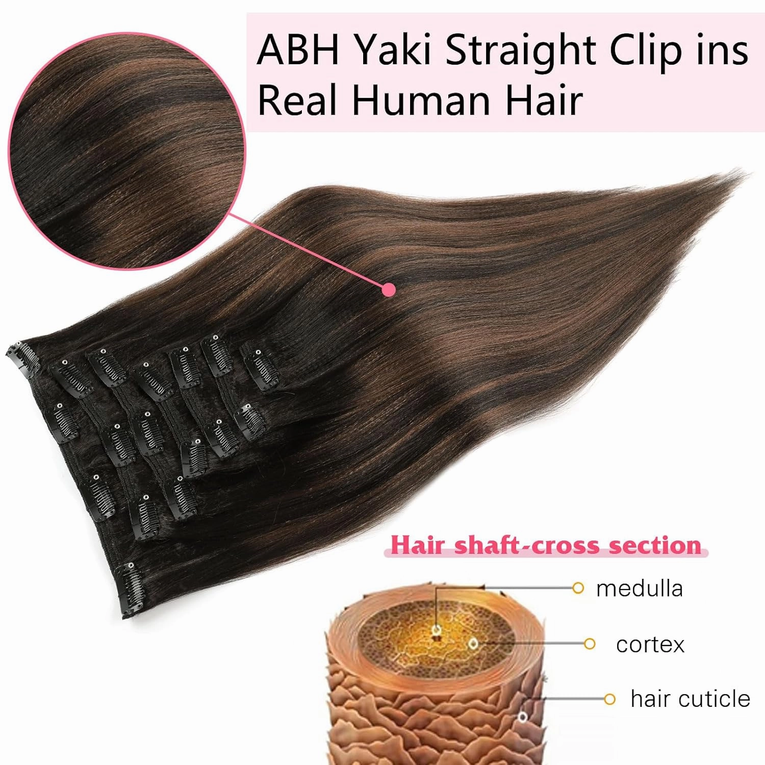 ABH AMAZINGBEAUTY HAIR Yaki Straight Clip ins Two Tone Natural Black Roots With Medium Brown Highlight Human Hair Light Yaki Clip ins for Black Women Full Head Brazilian Clip in #1BT1BP4 12 Inch 120G