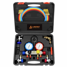 AC Manifold Gauge Set, 4 Way HVAC R134a R404a R410a Freon Charging Tool Kit, with Hoses Couplers Can Taps Adapter Case, for Residential and Auto Air Conditioner Diagnostic Test and Recharge