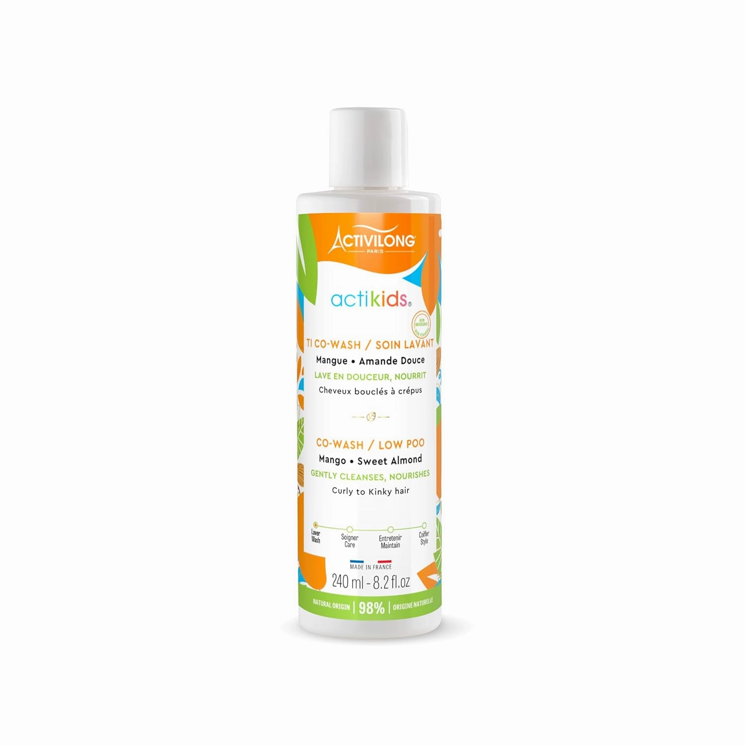 Actikids Co-wash Mango and Sweet Almond - No-Rinse Cleanser, Gentle Wash, Detangling, and Timesaving in One - 240