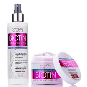 Advanced Clinicals Biotin Mask: Anti-Breakage, Split End Repair & Frizz Control, with Leave-in Conditioner - 2PC Set for Replenished, Moisturized Hair