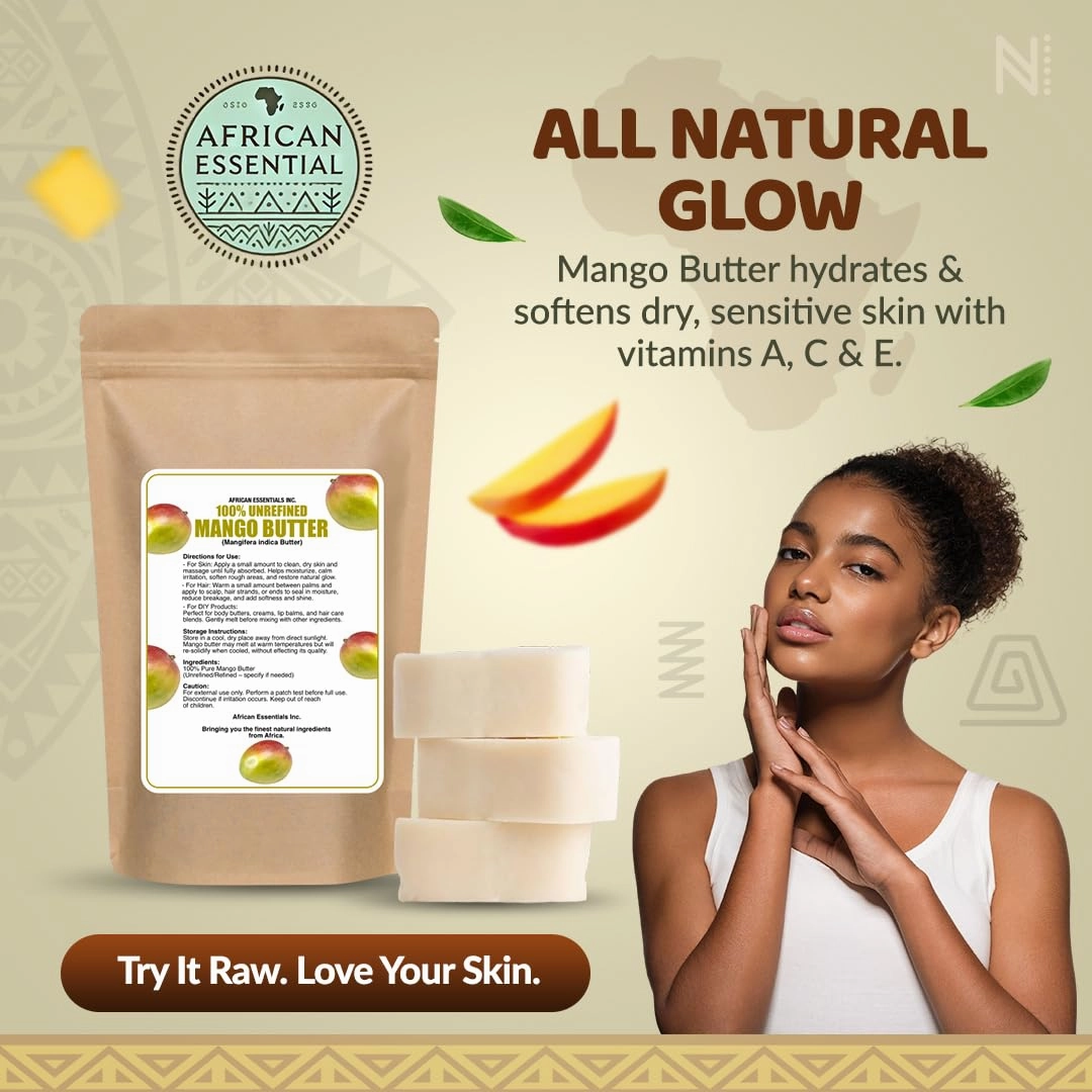 African Essential inc. 100% Raw Unrefined Mango Butter from Ghana – Pure, Organic, Grade A – Moisturizes, Heals & Nourishes Skin and Hair (16 oz)