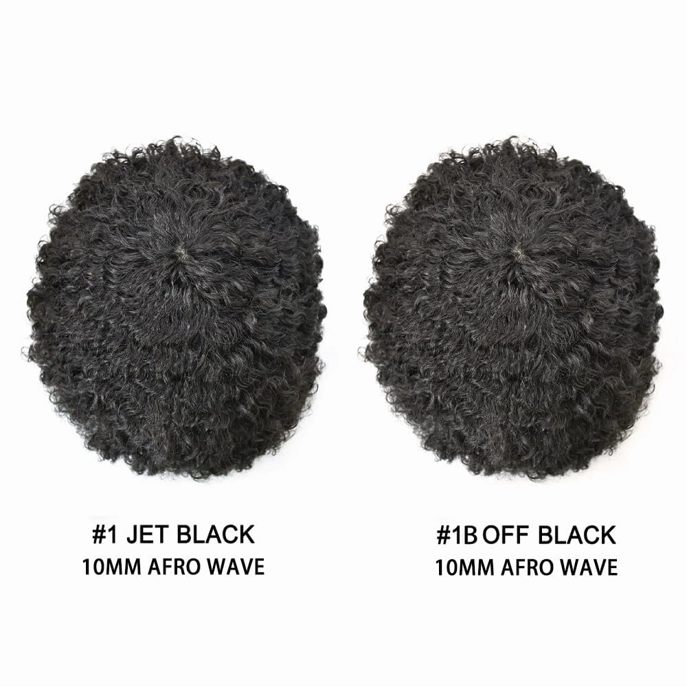 Afro Curl Toupee for Black Men Hair Piece Real Human Hair Full Poly Skin Curly Hair System for Black Men Weave Hair Units African American Mens Toupee 8x10 1# JET BLACK-10MM Afro Wave