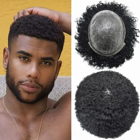 Afro Curl Toupee for Black Men Hair Piece Real Human Hair Full Poly Skin Curly Hair System for Black Men Weave Hair Units African American Mens Toupee 8x10 1# JET BLACK-10MM Afro Wave