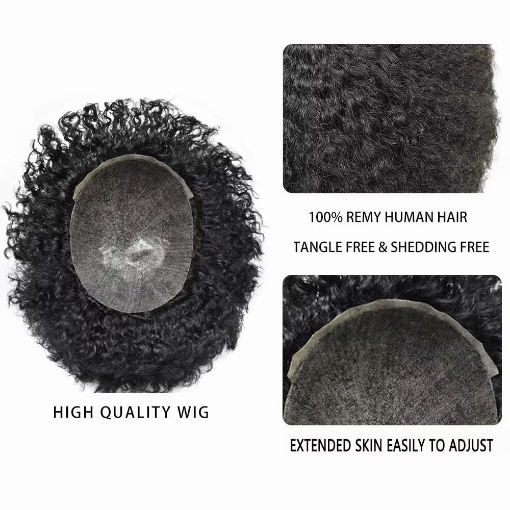 Afro Curl Toupee for Black Men Hair Piece Real Human Hair Full Poly Skin Curly Hair System for Black Men Weave Hair Units African American Mens Toupee 8x10 1# JET BLACK-10MM Afro Wave