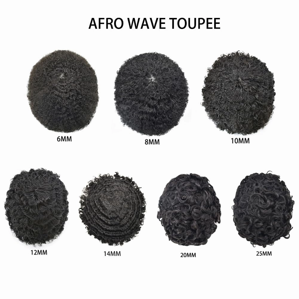 Afro Curl Toupee for Black Men Hair Piece Real Human Hair Full Poly Skin Curly Hair System for Black Men Weave Hair Units African American Mens Toupee 8x10 1# JET BLACK-10MM Afro Wave