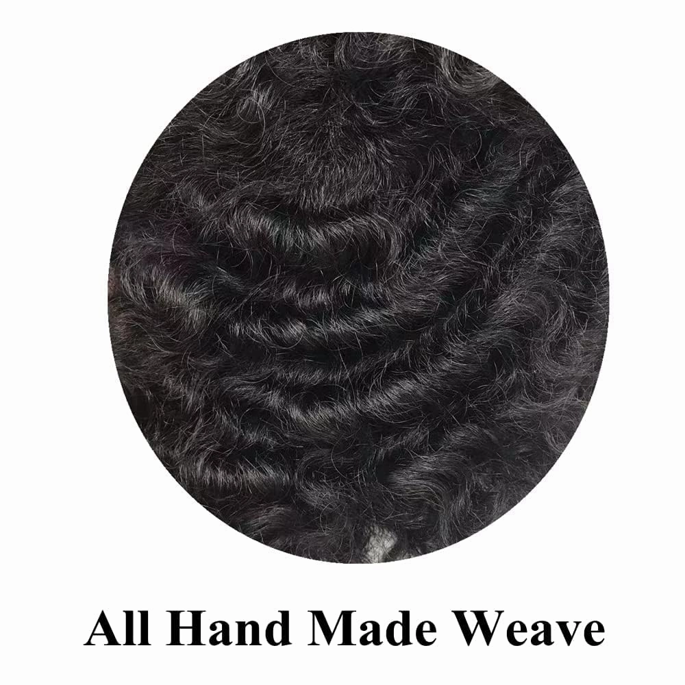 Afro Curl Toupee for Black Men Hair Piece Real Human Hair Full Poly Skin Curly Hair System for Black Men Weave Hair Units African American Mens Toupee 8x10 1# JET BLACK-10MM Afro Wave