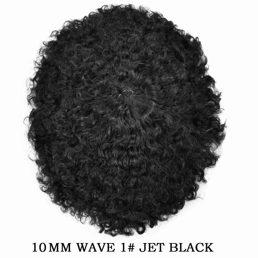 Afro Curl Toupee for Black Men Hair Piece Real Human Hair Full Poly Skin Curly Hair System for Black Men Weave Hair Units African American Mens Toupee 8x10 1# JET BLACK-10MM Afro Wave