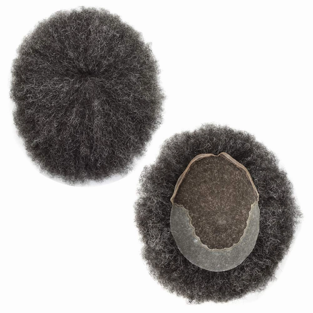 Afro Curl Toupee for Black Men Human Hair Swiss Lace Gray Hair Units for Black Men Hair System Bleached Knot Natural Hairline African American Hairpiece #130#1B JET BLACK 30% GREY 8X10-6MM Afro Wave