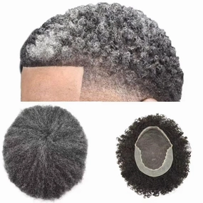 Afro Curl Toupee for Black Men Human Hair Swiss Lace Gray Hair Units for Black Men Hair System Bleached Knot Natural Hairline African American Hairpiece #130#1B JET BLACK 30% GREY 8X10-6MM Afro Wave