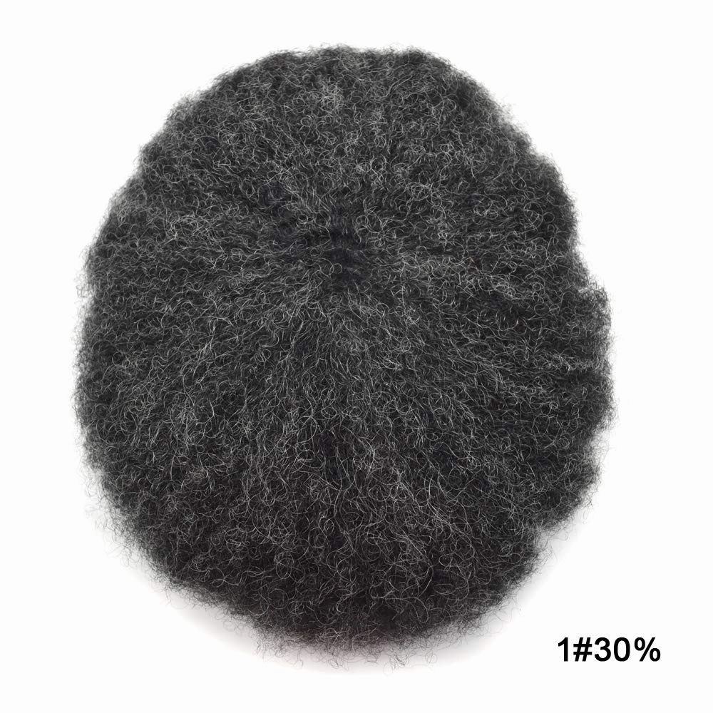 Afro Curl Toupee for Black Men Human Hair Swiss Lace Gray Hair Units for Black Men Hair System Bleached Knot Natural Hairline African American Hairpiece #130#1B JET BLACK 30% GREY 8X10-6MM Afro Wave