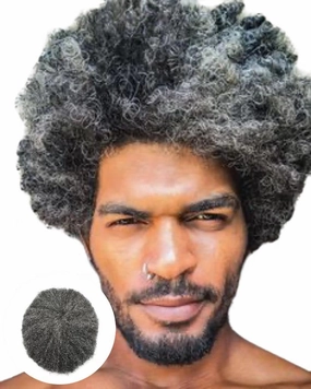 Afro Curl Toupee for Black Men Human Hair Swiss Lace Gray Hair Units for Black Men Hair System Bleached Knot Natural Hairline African American Hairpiece #140#1B JET BLACK 40% GREY 8X10-6MM Afro Wave