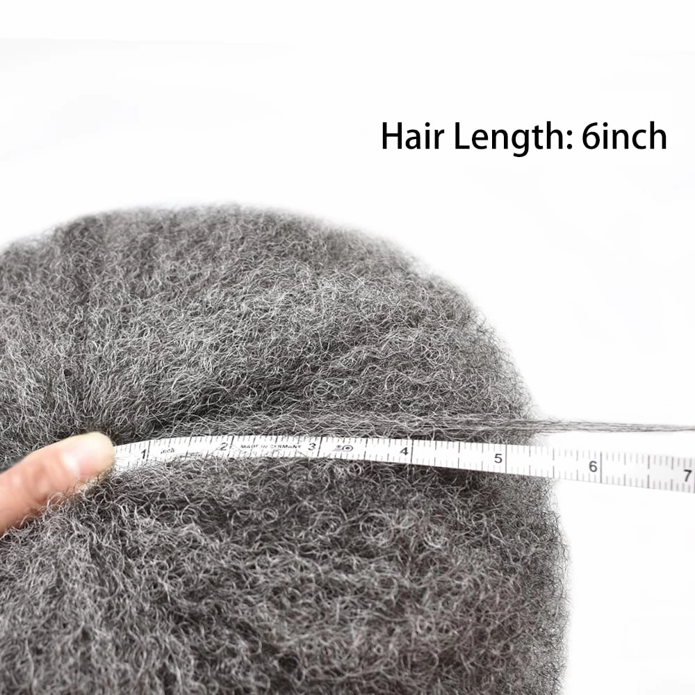 Afro Curl Toupee for Black Men Human Hair Swiss Lace Gray Hair Units for Black Men Hair System Bleached Knot Natural Hairline African American Hairpiece #140#1B JET BLACK 40% GREY 8X10-6MM Afro Wave