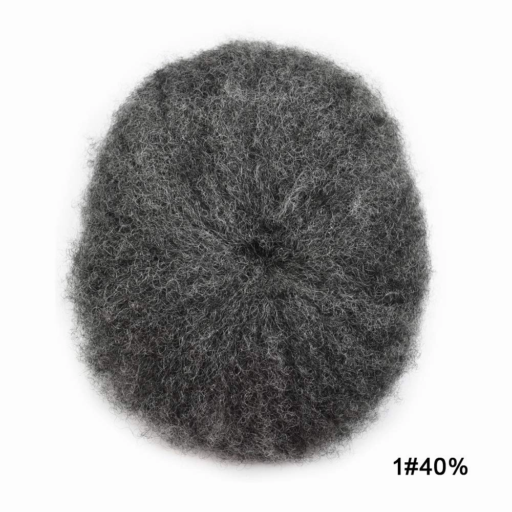 Afro Curl Toupee for Black Men Human Hair Swiss Lace Gray Hair Units for Black Men Hair System Bleached Knot Natural Hairline African American Hairpiece #140#1B JET BLACK 40% GREY 8X10-6MM Afro Wave