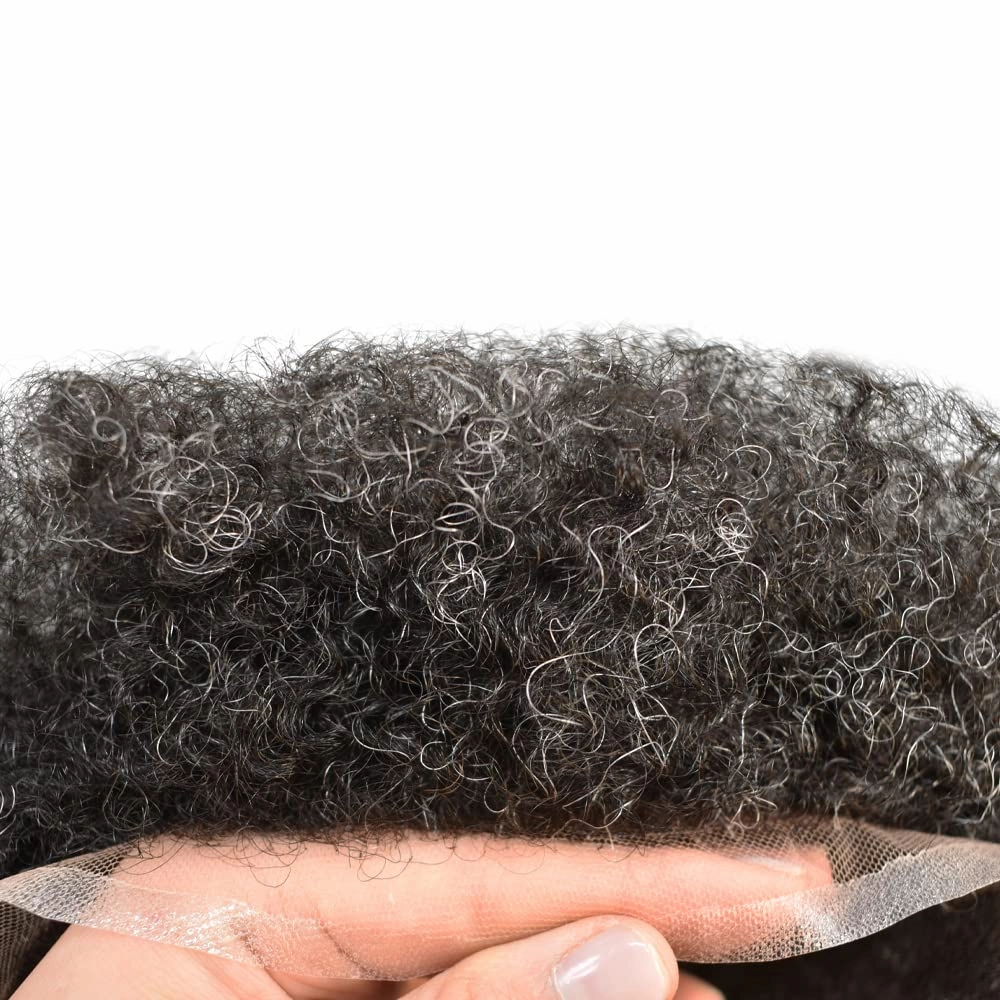 Afro Curl Toupee for Black Men Human Hair Swiss Lace Gray Hair Units for Black Men Hair System Bleached Knot Natural Hairline African American Hairpiece #140#1B JET BLACK 40% GREY 8X10-6MM Afro Wave