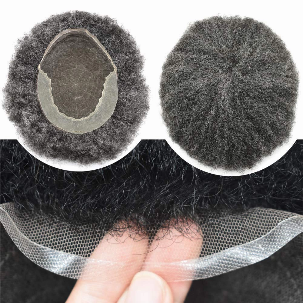 Afro Curl Toupee for Black Men Human Hair Swiss Lace Gray Hair Units for Black Men Hair System Bleached Knot Natural Hairline African American Hairpiece #140#1B JET BLACK 40% GREY 8X10-6MM Afro Wave