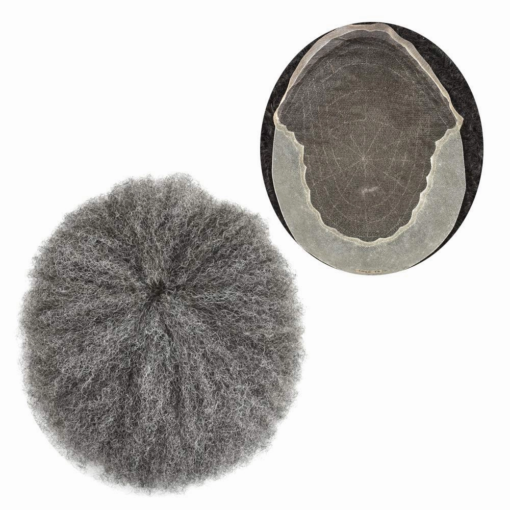 Afro Curl Toupee for Black Men Human Hair Swiss Lace Gray Hair Units for Black Men Hair System Bleached Knot Natural Hairline African American Hairpiece #150#1B JET BLACK 50% GREY 8X10-6MM Afro Wave