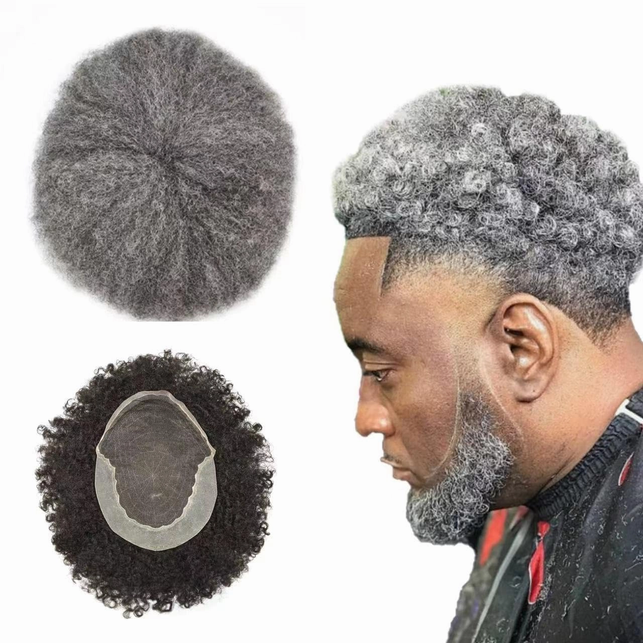 Afro Curl Toupee for Black Men Human Hair Swiss Lace Gray Hair Units for Black Men Hair System Bleached Knot Natural Hairline African American Hairpiece #150#1B JET BLACK 50% GREY 8X10-6MM Afro Wave