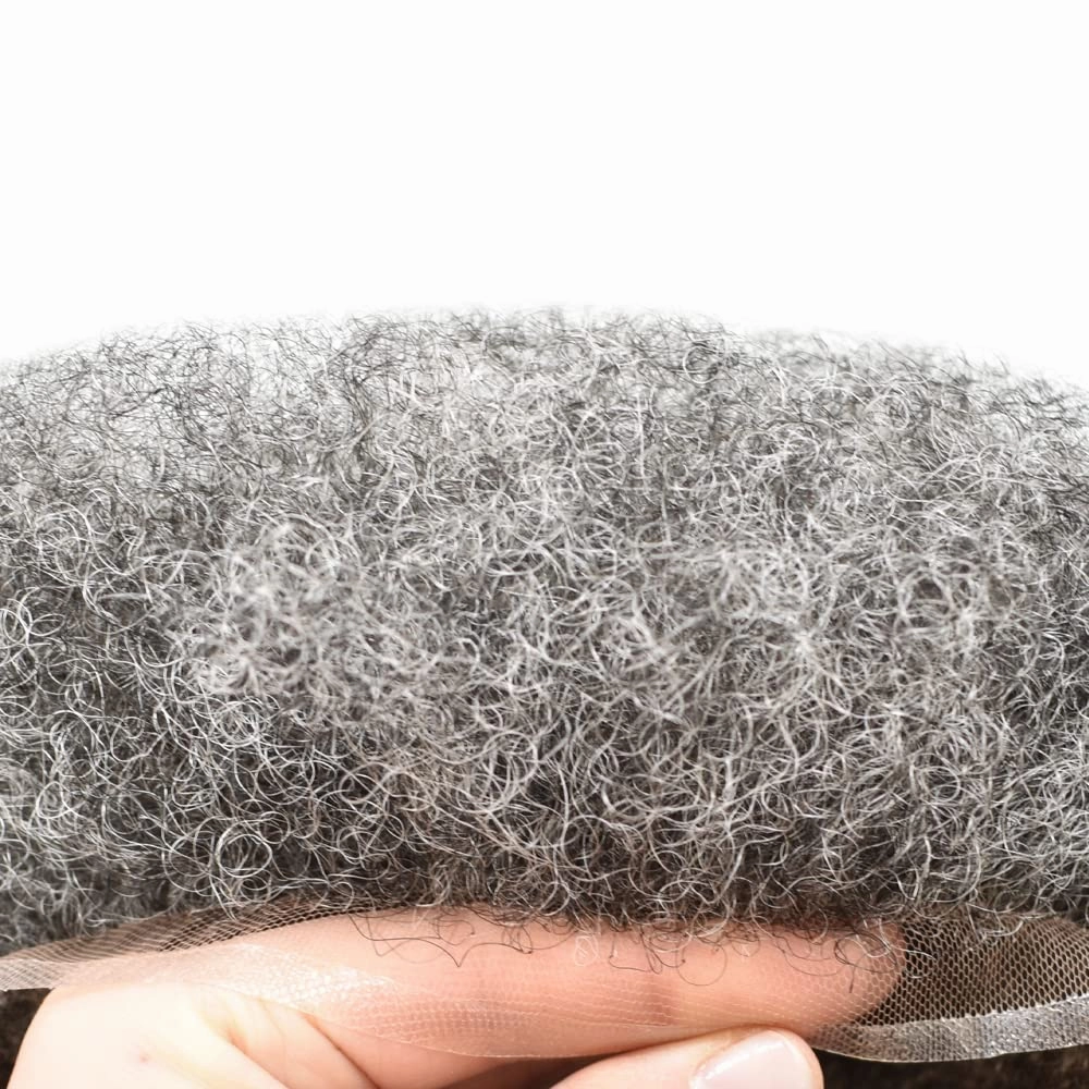 Afro Curl Toupee for Black Men Human Hair Swiss Lace Gray Hair Units for Black Men Hair System Bleached Knot Natural Hairline African American Hairpiece #150#1B JET BLACK 50% GREY 8X10-6MM Afro Wave
