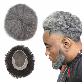 Afro Curl Toupee for Black Men Human Hair Swiss Lace Gray Hair Units for Black Men Hair System Bleached Knot Natural Hairline African American Hairpiece #150#1B JET BLACK 50% GREY 8X10-6MM Afro Wave