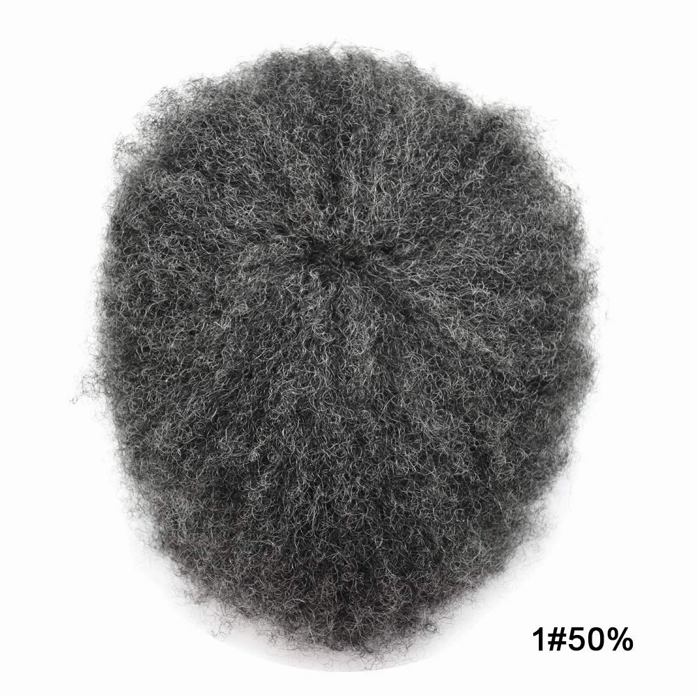 Afro Curl Toupee for Black Men Human Hair Swiss Lace Gray Hair Units for Black Men Hair System Bleached Knot Natural Hairline African American Hairpiece #150#1B JET BLACK 50% GREY 8X10-6MM Afro Wave